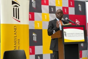 Dr. Taofeek Owonikoko, executive director of the University of Maryland Marlene and Stewart Greenebaum Comprehensive Cancer Center, speaks at a press conference on Tuesday. Photo Credit: Baltimore Sun
