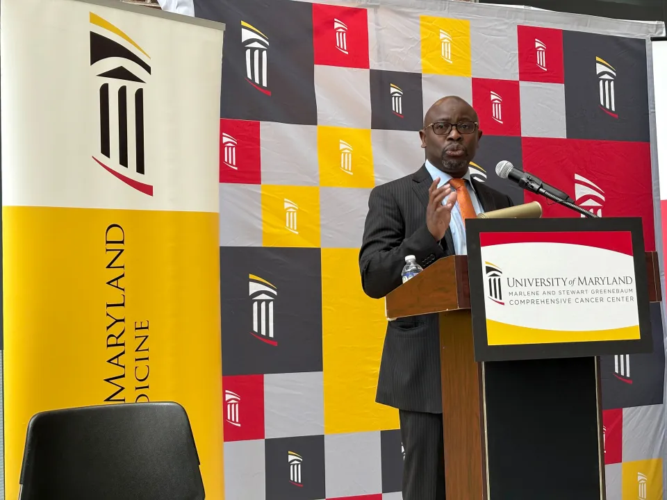 Dr. Taofeek Owonikoko, executive director of the University of Maryland Marlene and Stewart Greenebaum Comprehensive Cancer Center, speaks at a press conference on Tuesday. Photo Credit: Baltimore Sun